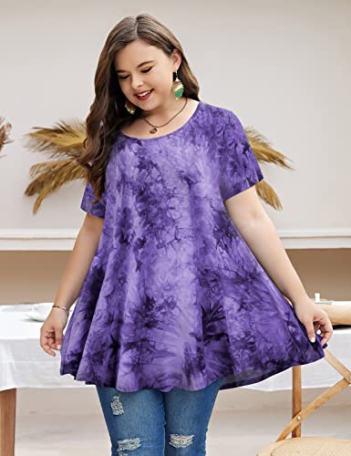 Monnuro Womens Short Sleeve Casual Loose Fit Flare Swing Tunic Tops Basic T-Shirt Plus Size(Tie Dye Purple,2X) #TOP2