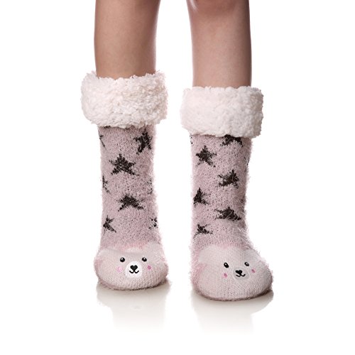 Women Winter Socks Knit Anti-Slip Sweat Warm Cute Cartoon Animals Fuzzy Home Slipper Socks (Bear)