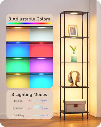 Image of EDISHINE RGBW Floor Lamp with 5-Tier Display Shelf, 3 Modes Remote, Black | RGBW, Adjustable Brightness & Color Temperature, 3 Lighting Modes, Stable for Living Room, Bedroom, Study