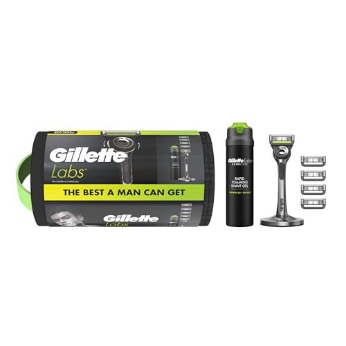 GilletteLabs Mens Razor 1 Handle & 5 Blade Refills - Exfoliating Bar Includes Premium Magnetic Stand Shave Gel Washbag Gift Set