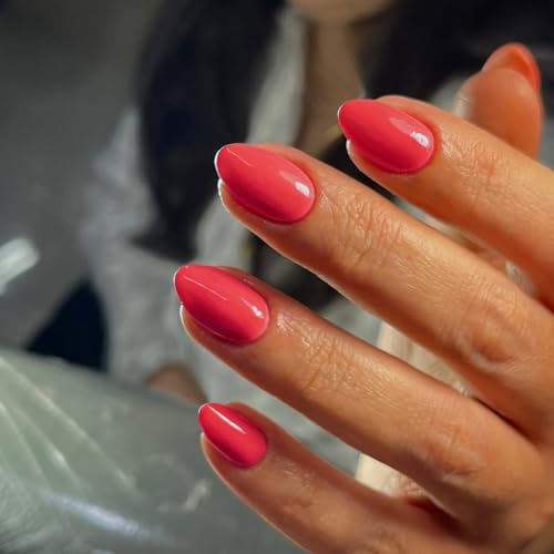 Coral Press On Nails Short Oval,KQueenest Thick Acrylic Nails Press Ons,Short Almond Nails Glue on,Natural Round Fake Nails,One Color Gel Stick On Nails Set For Tiny Average Wide Nail Beds