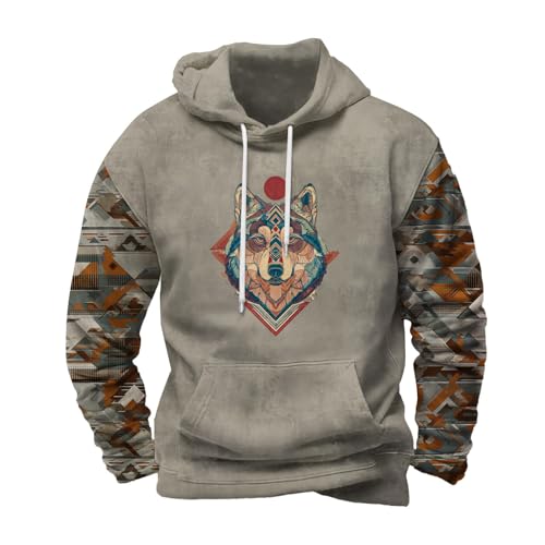 Mens Western Cowboy Hoodies Retro Aztec Graphic Sweatshirts for Men Casual Long Sleeve Pullover Tops with Pocket