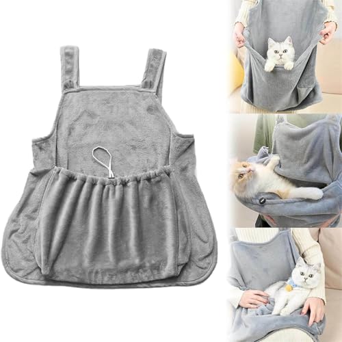 【新モデル 人気】Pogowu ペット猫寝袋 グレー穴あきタイプ 飼い主服への猫毛付着防止 抱っこエプロン 抱っこ楽 カンガルーポケット + 抱っこ紐 ブランケット内蔵 秋冬防寒 猫 小型犬兼用 ペットスリング 柔らかい素材 ペットが安心 洗濯可能