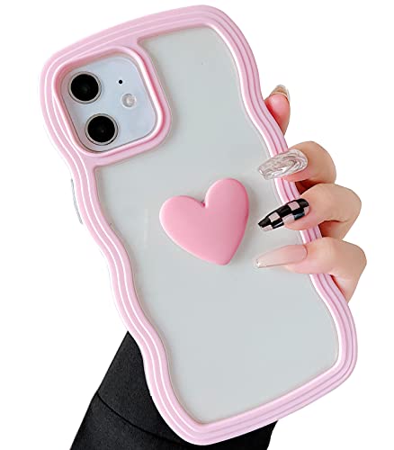 Qokey for iPhone 11 Case 6.1 inch 2019, Cute Clear 3D Love Heart Wavy Frame Full Protection for iPhone 11 6.1 Soft TPU Shockproof Transparent Phone Cover for Women Girls,Pink