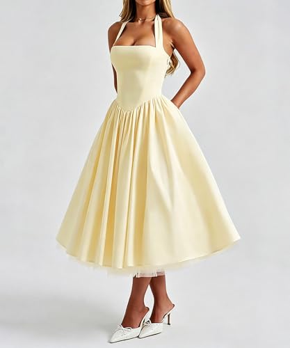 Image of Women Summer Halter Dress Low Cut Sleeveless A Line Tulle Swing Flowy Tea Length Dress Corset Prom Formal Ball Gowns