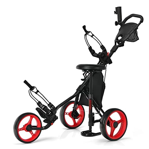 Push Pull Golf CART | Golf Cart Tangkula Golf Push Pull Cart with Seat, Lightweight Folding 3 Wheels Golf Push Cart, Golf Trolley W/Storage Bag, Foot Brake, Adjustable Umbrella Holder & Seat, 4 Height Position Handle (Red)