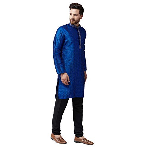 Image of SOJANYA (Since 1958 Mens Maroon Jacquard Silk Kurta and Black Churidaar Pyjama Set