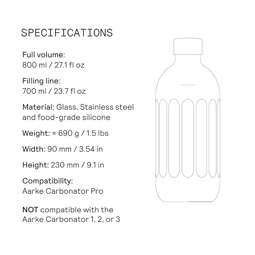aarke Glasflasche – NUR kompatibel mit Carbonator Pro (PASST NICHT für Carbonator 1, 2 oder 3) Spülmaschinenfest, Edelstahl-Details