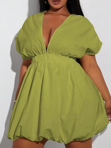 Image of WDIRARA Women's Plus Size Deep V Neck Bubble Dress Short Sleeve A Line Mini Dresses