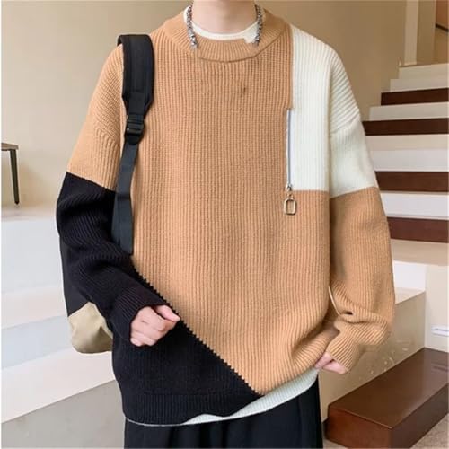Men's Winter Thick Warm Knit Sweater - O-Neck Patchwork Loose Stylish Youthful Vitality Streetwear Pullover2
