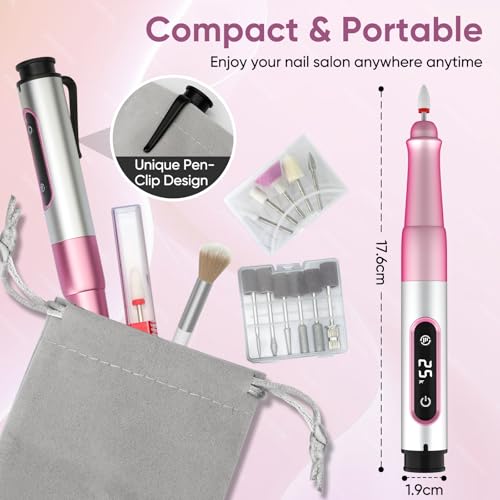 Oukzon Nagelfräser Kabellos, 13 in 1 Elektrische Nagelfeile Fräser für Gelnägel, Nagelfräser für Gelnägel 25000 U/Min, USB Wiederaufladbare Maniküre Set Elektrisch, 5 Gear Electric Nail Drill
