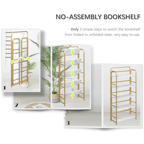 Image of 4NM No Assembly Folding Bookshelf, 5 Tiers Collapsible Book Shelves Open Industrial Foldable Storage Bookcase Shelf for Bedroom, Living Room, Home Office - White and Gold