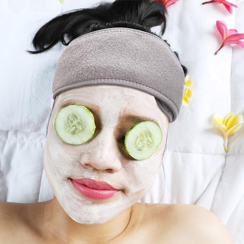 2 Pieces Spa Headband With Adjustable Magic Sticker for Washing Face Makeup, Skincare - Reusable Hair Band for Women (Gray, Blue) - Image 4