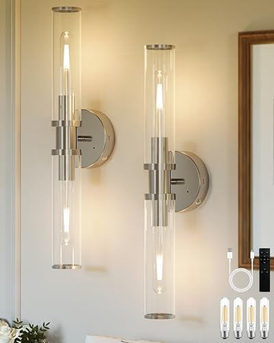 Image of Rayogale Nickel Wireless Battery Operated Wall Sconces with Remote Control | Glass Rechargeable Wall Lights Set of 2 with Timer Function Dimmable for Living Room Bedroom Emergency 3000K, 20.5 Inch
