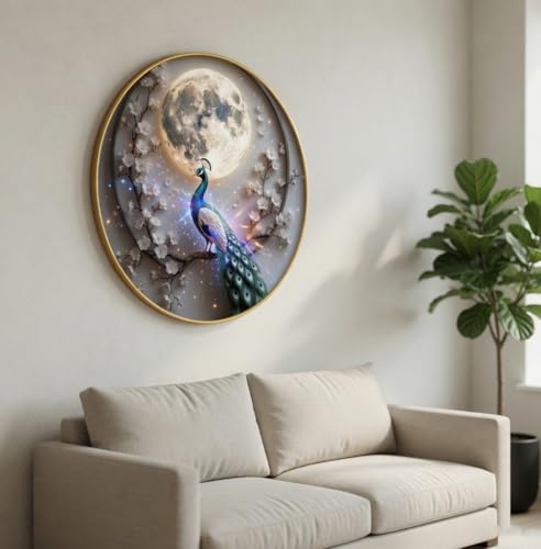 Image of SAF Peacock Moon Wall Painting with Golden PVC Frame Round Night Scene Bird Artwork Decorative Wall Decor for Living Room Bedroom Home Office Elegant Gift Item (23 x 23 Inch) GR-370