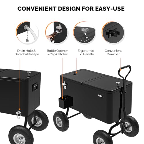 VINGLI 80 Quart Wagon Rolling Cooler Ice Chest, w/Long Handle and 10" Wheels, Portable Beach Patio Party Bar Cold Drink Beverage, Outdoor Park Cart on Wheels