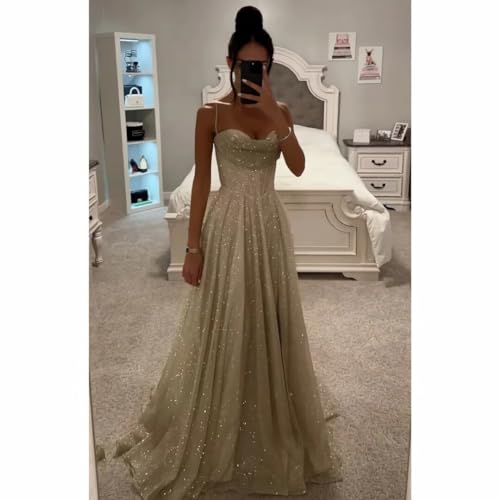 Glitter Tulle Prom Dresses for Women Long 2024 Spaghetti Straps Cocktail Party Dress with Slit3
