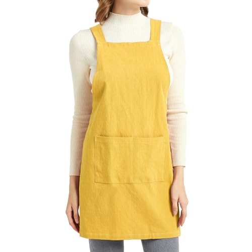 ELEZAY Aprons for Women with Pockets Plus Size Comfort Cross Back No Tie Cotton Linen Apron Pinafore