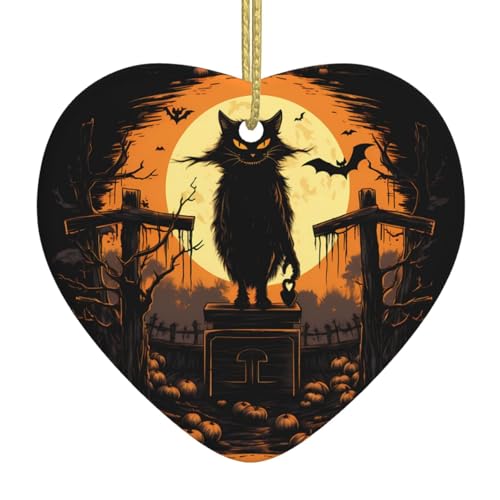 WZYWHJ Ciondolo a forma di cuore in ceramica di Natale per decorazione di festival e souvenir regalo gatto sulla stampa della pietra tombale della croce