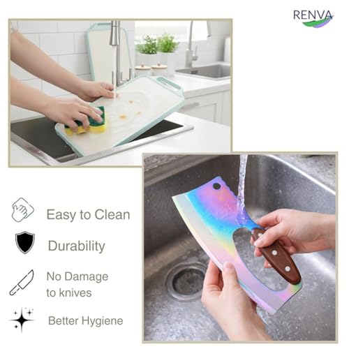 Image of RENVA Stainless Steel Cutting Board,Double Sided Steel Cutting Boards for Kitchen and Premium Carbon Stainless Steel Chef Knife Set with Wooden Handle(Green, Chopping Board with Knife)