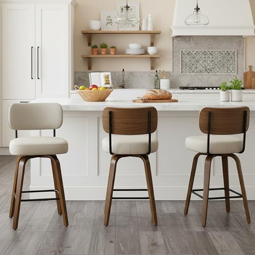 Image of Swivel Bar Stools Set of 2, 30 inch Upholstered Bar Height Stools with Back and Walnut Wood Legs, Faux Leather Barstools for Kitchen Counter, Beige Gray