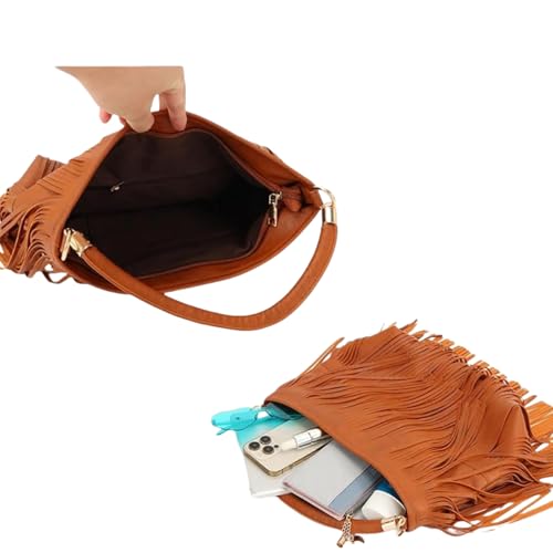 Image of IAMUHI Casual Rivets Fringed Shoulder Handbag for Women,Soft Vegan Leather Hippie Crossbody Purse Bag Hobo Bag