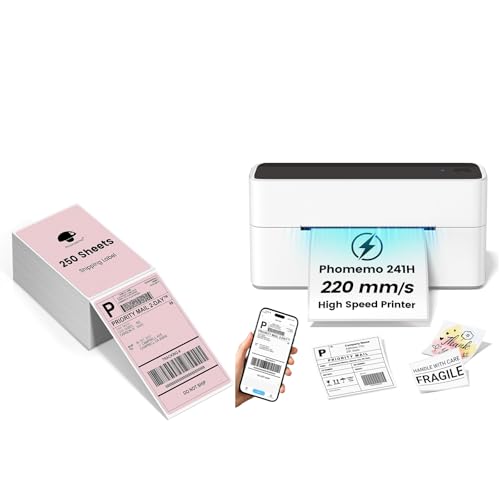 Image of Phomemo 241BT High-Speed Shipping Label Printer 220mm /s with 4x6 Thermal Labels(Pack of 250 4x6 Fanfold Labels), 4X6 Wireless Thermal Label Printer for Small Business