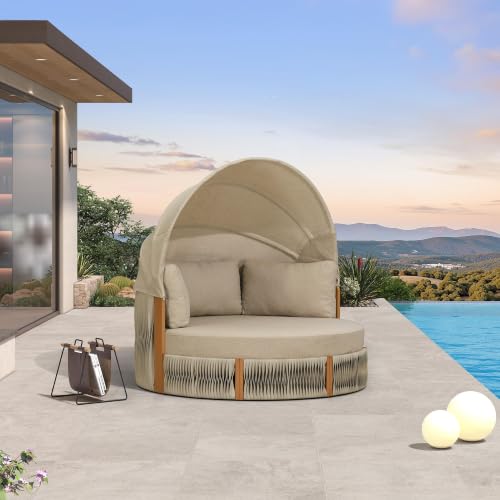 PURPLE LEAF Outdoor Round Daybed with Adjustable Canopy for Patio, Khaki