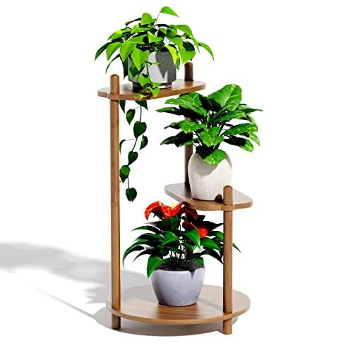 Enisudo Plant Stand Indoor Outdoor Bamboo Plant Stands, 3 Tier Plant Stands Plant Shelf Corner Plant Stand For Indoor Plants Multiple, Plant Holder Table With 3 Minute Assemble For Living Room Patio Balcony Garden(Walnut) #TOP13