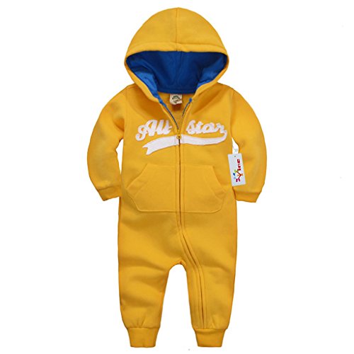 Vine Maedchen Jungen Overalls mit Kapuze Hoodie Jumpsuit Kinder Strampler Spielanzug Langarm-Body Trainingsnazug Reißverschluss,Gelb,80 cm (12 -18 Monate)