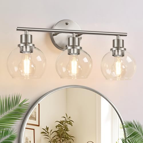 Image of Indoi 3-Light Bathroom Light Fixtures, Brushed Nickel Modern Vanity Lights Over Mirror with Clear Glass Globe Shade, Bathroom Wall Sconces for Mirror Kitchen Living Room Hallway Cabinet Bedroom Porch