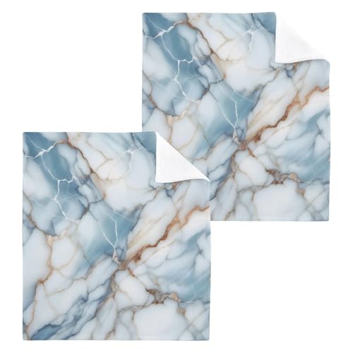 YANENDIE Blue White Marble Texture Washcloths Towels, Highly Absorbent and Soft Cotton Face Cloths, 2 Pack Quick Dry Wash Cloths - 12 X 12 Inches