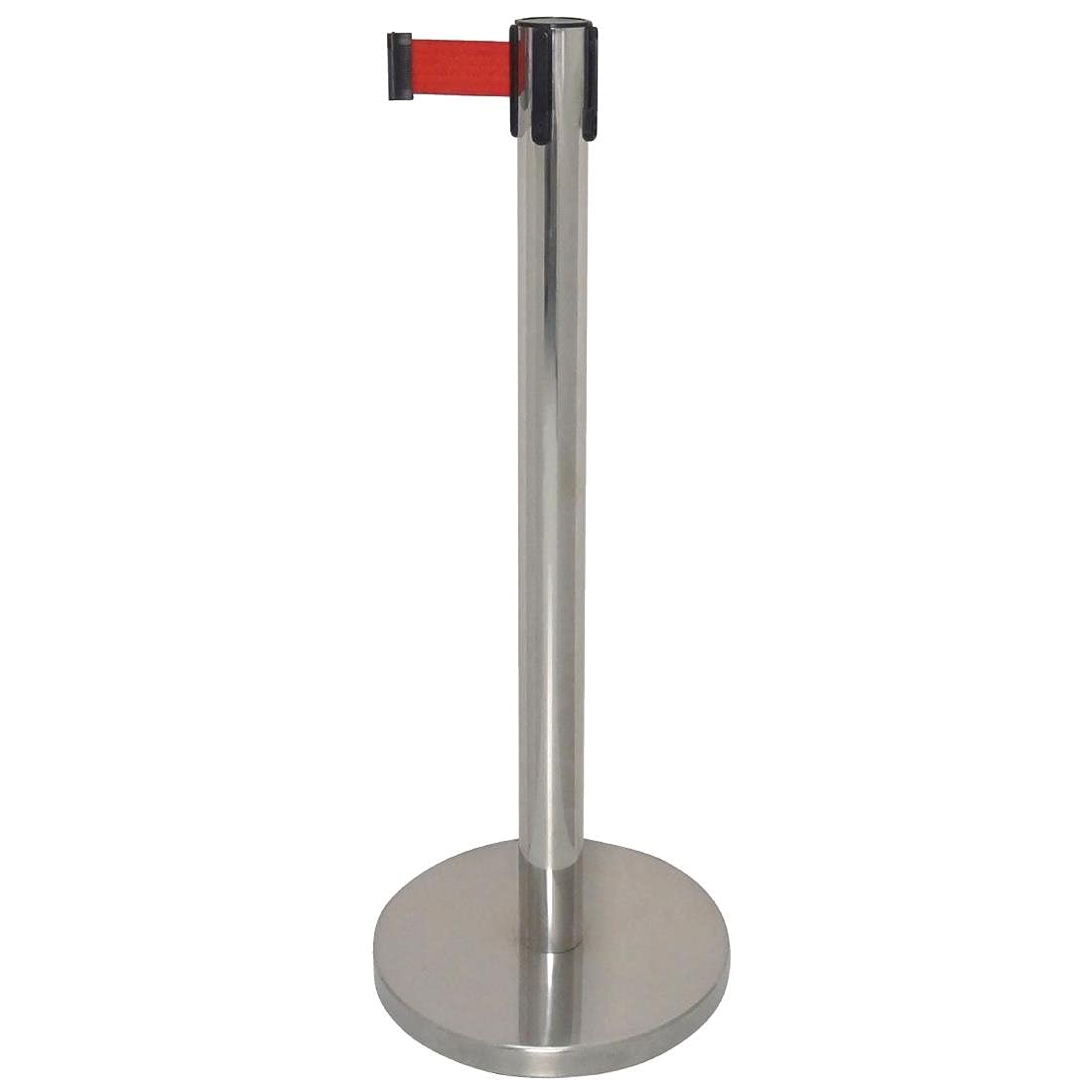 Bolero Barrière polie avec sangle rouge 3 m, 935(H) mm, acier Inoxydable, barrière sangle rétractable, barrière file d'attente avec Base lestée de 8 kg, usage professionnel, GG723