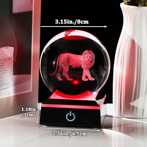 Image of Arikyrist 3D Lion Figurine Crystal Ball with LED Base Laser Lion Gifts for Men Women on Christmas Birthday Decorative Lion Statue Ball Glass Animals Globe Night Light for Home Decor (80mm)