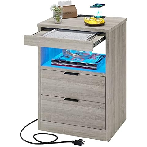 Tiptiper LED Nightstand with Wireless Charging Station, Farmhouse Nightstand with LED Light, Rustic End Table Side Table with Drawers, Pull-Out Tray and Open Storage, Grey Wood Grain Cover