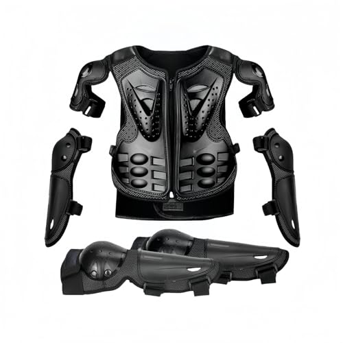 キッズバイクガードスーツ・胸部脊椎バックプロテクター付き | 肘膝パッドセット・PVC素材 | 通気性・軽量設計・調節可能 | 自転車/サイクリング/スキー/スケート/モータースポーツ対応・赤 | サイズ:バック32×47cm 手27cm 足32cm (ブ