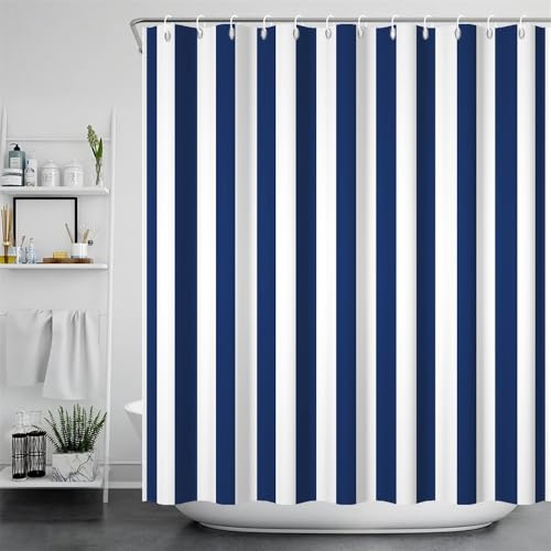DORCEV Navy Blue Striped Shower Curtain Sets Decor Blue and White Vertical Stripes Decor Modern Fashion Minimalist Bathroom Curtain for Home Bathtub Stall Decoration Hooks Included,72x72inch by DORCEV - Used condition - Image 2