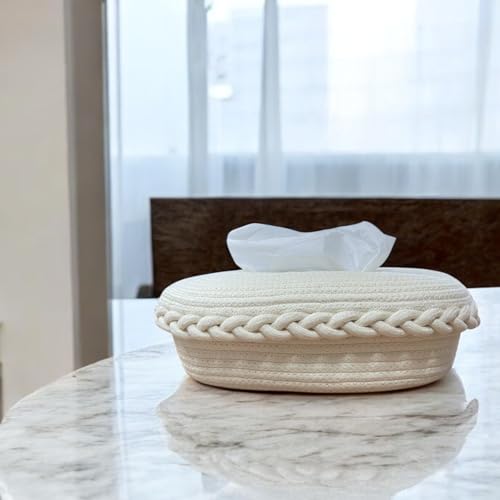 Image of BOBBINY Jute Cotton Tissue Box Holder, Handcrafted Tissue Container for 100 Pulls Natural Tissue Holder for Office Living Bedroom Car Desk Dining Table Home Decor (Off White, Design 2)