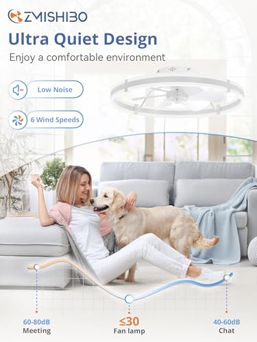 Image of ZMISHIBO 24 Inch Ceiling Fans with Lights and Remote, Modern Low Profile Ceiling Fan, 3000-6000K Dimmable Flush Mount LED Fan Light, 6 Wind Speeds, Fandelier Ceiling Fans for Bedroom- White