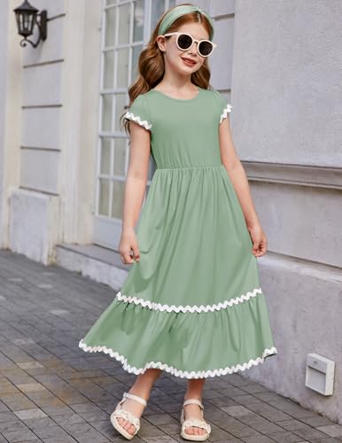 Arshiner Girls Summer Maxi Dresses Short Sleeve Casual Flowy Tiered Dress with Pockets for 4-14 Years2