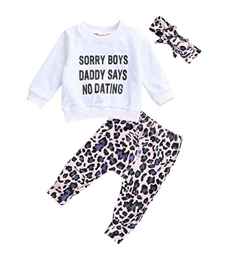 Image of Madjtlqy Newborn Baby Girls Clothes Daddy Saying Top Printed T-Shirt Leopard Pants+Headband Sweatshirt Outfit Set