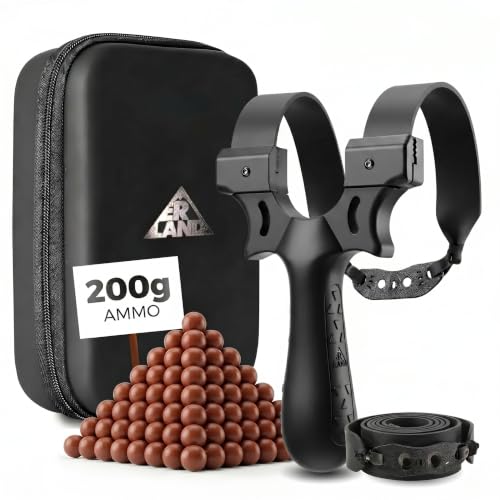 Erland Steinschleuder Profi Set - Jagd Schleuder Zwille für Erwachsene mit Steinschleuder Gummi und 100g Tonkugeln für Slingshot Professional – präzise Schleuder Katapult für Outdoor Spiele Erwachsene