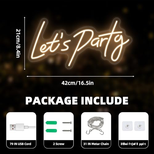 Image of Lets Party Neon Sign for Party Wall Decor, 16.5x8.4 inch Compact Neon Party Decorations LED Glow Lights Supplies Accessories, Warm White