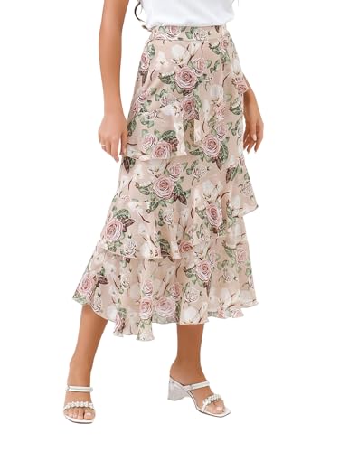 DERAX Women's Fall Summer Boho Floral A Line Midi Skirt High Waist Weekend Trendy Chiffon Ruffle Flowy Dressy Skirts