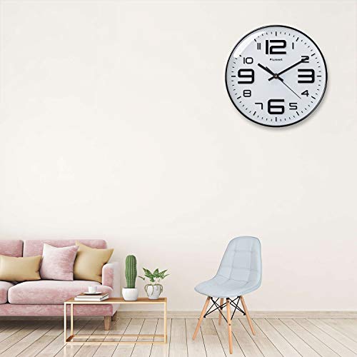 Plumeet Silent Wall Clocks - 12" Non-Ticking Quartz Large Decorative Clocks - Big 3D Number Good for Living Room Home Office Battery Operated (White)
