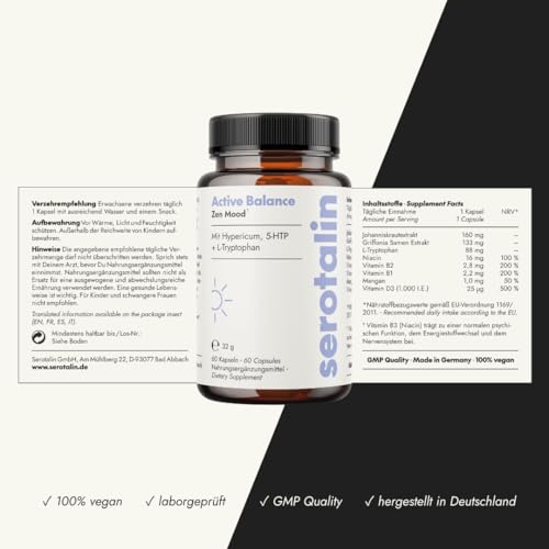 serotalin Active Balance Zen Mood | 60 hochdosierte Johanniskraut Kapseln mit Griffonia & L-Tryptophan, Vitamin D3, B-Komplex & Mangan | Ohne Koffein | Vegan