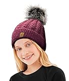 4sold Bobble Hat - Gorro de lana para niños, cálido, con pompón, de punto trenzado, Carla Burgund, Talla única