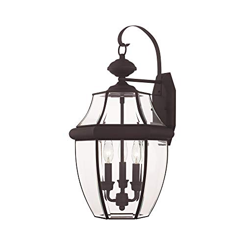 Livex Lighting 2351-07 Monterey 3 Light Outdoor Bronze Finish Solid Brass Wall Lantern with Clear Beveled Glass