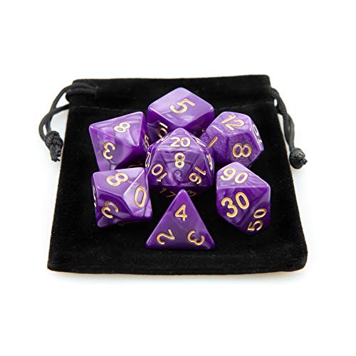 Kit 7 Dados RPG de Mesa D&D Opaco Perolado D4 D6 D8 D10 D10% D12 D20 Cor ROXO ROYAL + 1 Bolsa