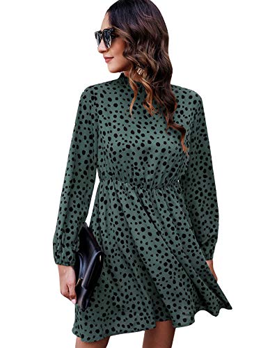 Floerns Women s Long Sleeve Ruffle Trim Self Tie Floral Print Short Dress Dark Green L